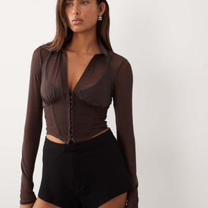 ASOS Black Long Sleeve Mesh Corset Top With Hook And Eye