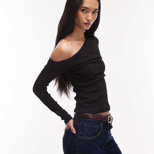 ASOS Black Ribbed Twisted Asymmetric Long Sleeve Top