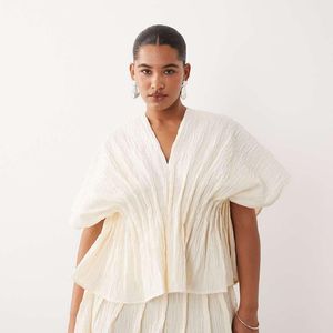 ARRANGE White Curve Crinkle Texture Cinched Waist Top Co Ord