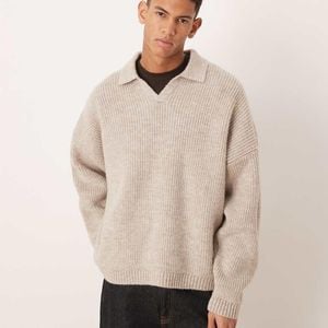 ASOS Natural Super Oversized Boxy Fit Knitted Fisherman Rib Notch Neck Jumper for men