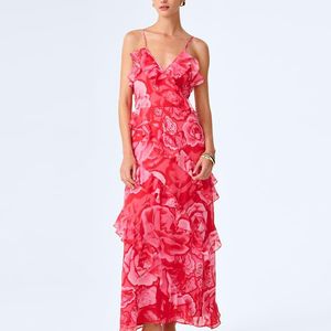 OMNES Red Dresses Missy Chiffon Floral Midi Dress With Ruffles