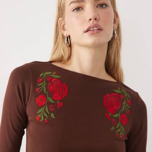 Miss Selfridge Red Slash Neck 3/4 Sleeve Top With Embroidery