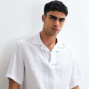 Mango White 100% Linen Short Sleeve Shirt for men
