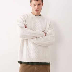 ASOS White Oversized Knitted Cable Crew Neck Jumper for men
