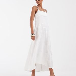 & Other Stories White Linen Midi Dress With Thin Crossover Straps