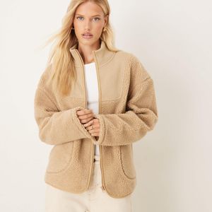 ASOS Natural Zip Through Borg Fleece And Knit Mix Jacket