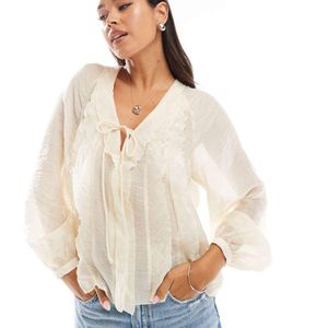 Mango White Tie Front Boho Blouse