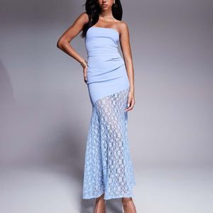 ASOS Blue Bandeau With Lace Skirt Maxi Dress