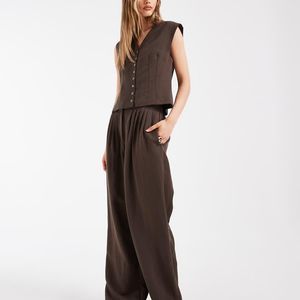 Object Brown Linen Look Tailored Pleat Front Loose Fit Trouser Co-ord