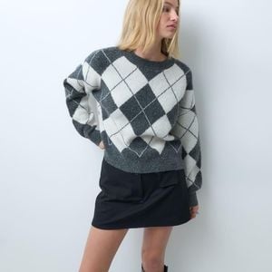 Vero Moda Blue Oversized Argyle Knitted Jumper