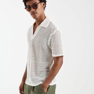 Aray White Crochet Knit Polo Top for men
