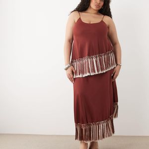 ASOS Asos Design Curve Double Tier Layered Two Tone Fringe Satin Cami Maxi Dress