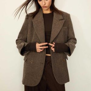 Stradivarius Brown Oversize Double-breasted Herringbone Blazer