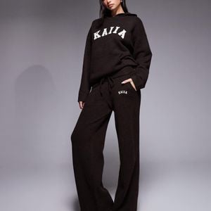 Kaiia Black Wool Feel Knitted Embroidered Logo Wide Leg Pants