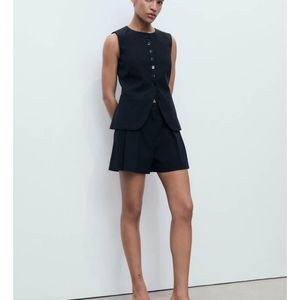 Mango Blue Cotton Mix Relaxed Pleat Front Shorts