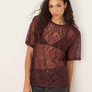 ASOS Red Lace Boxy Sheer Tee With Shoulder Pads