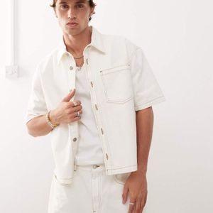Reclaimed Vintage White Denim Boxy Shirt Co-ord With Tobacco Stitching for men