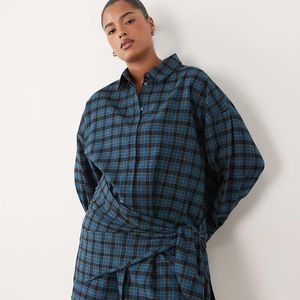 ASOS Blue Asos Design Curve Boyfriend Shirt Mini Dress With Multiway Scarf Detail