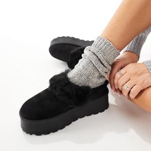 SEQWL Black Faux Fur Flatform Mules