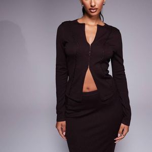 Kaiia Brown Exclusive Knitted Long Sleeve Split Front Clasp Detail Top Co-Ord