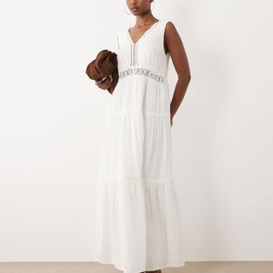 Y.A.S Natural Crinkle Cotton Sleeveless Crochet Insert Maxi Dress