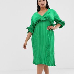 Vestido midi plisado con detalle PRETTYLITTLETHING de color Verde