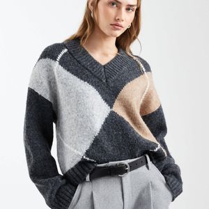 ASOS Grey Argyle High V-neck Sweater