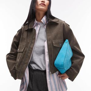 TOPSHOP Green Cropped Faux Suede Bomber Jacket With Popper Details