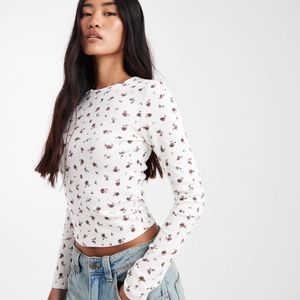 Miss Selfridge White Rib Crew Neck Top Ditsy Print