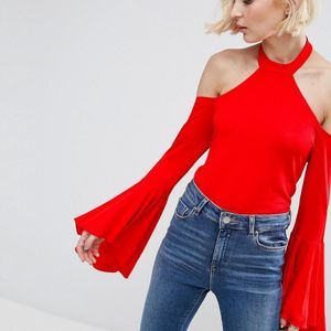 ASOS Red Cold Shoulder Top In Crepe With Pretty Drape Sleeves