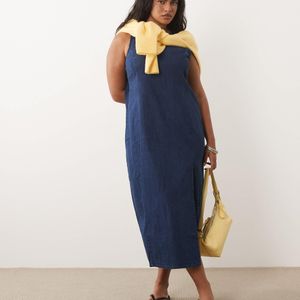 ASOS Blue Asos Design Curve Denim Fitted Midi Dress