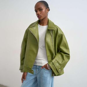 TOPSHOP Green Faux Leather Funnel Neck Biker Jacket