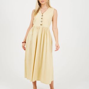 Brave Soul Natural Sleeveless V-Neck Button Down Midi Dress