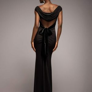 Goddiva Black Open Back Cowl Neck Gathered Maxi Dress With Velvet Tie Back