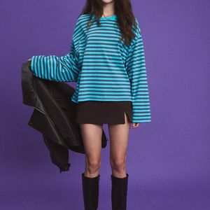 Stradivarius Purple Oversize Striped Long Sleeve T-shirt