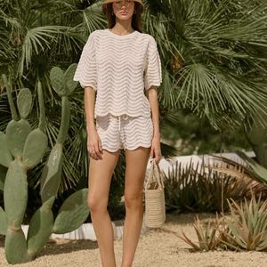 4th & Reckless Green Semi Sheer Wavy Knit Drawstring Waist Scallop Edge Beach Shorts Co-Ord