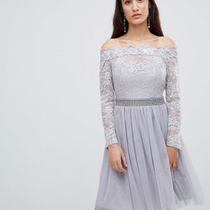Little Mistress Grey Lace Embellished Waist Dress