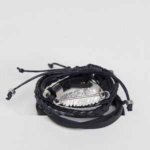 ASOS Black Leather And Plaited Bracelet Pack With Feather for men