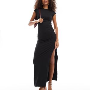 Bershka Black Draped Short Sleeve Maxi Dress