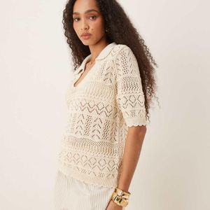 Vila Natural Patterned Crochet Short Sleeve Knitted Polo Top