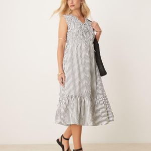 Y.A.S Natural Sleeveless Plunge Poplin Midi Dress
