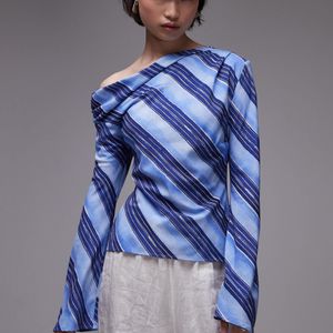 Mango Blue Off The Shoulder Long Sleeve Striped Top