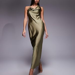 ASOS Green One Shoulder Asymmetric Drape Satin Maxi Dress