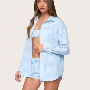 Edikted Blue Yaffa Oversized Gingham Button Up Shirt