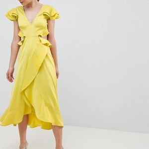 ASOS Midi-jurk Van Satijn Met Ruche En Uitsnijding Op in het Geel