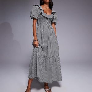River Island Grey V Neck Frill Midi Dress