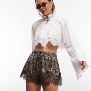 Noughts & Kisses White Flared Sleeve Scalloped Lace Hem Tie Detail Cropped Shirt