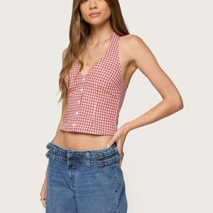 Edikted Blue Evan Gingham Button Up Halter Top