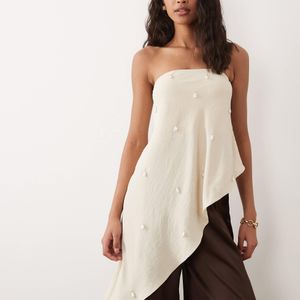 Six Stories Natural Embellished Bandeau Asymmetric Hem Top Co-ord