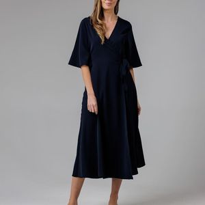 French Connection Black V- Neck Bell Sleeve Wrap Tie Crepe Midi Dress